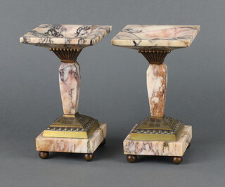 A pair of Art Deco square pink veined marble and gilt metal mantel side pieces 21cm h x 12cm x 13cm 