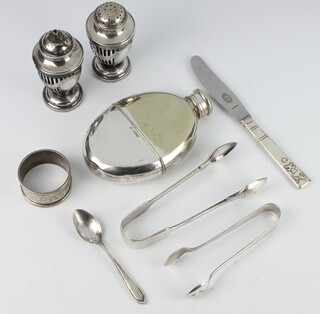 A silver plated hip flask and minor plated wares 