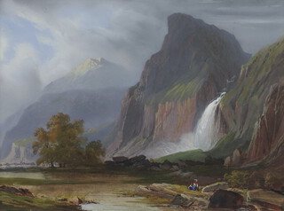Luc Henri Mottu (1815-1859), watercolour signed, figures beside a river with distant mountains 15cm x 20cm 