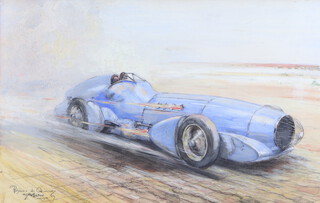 ** John A Bryan De Grineau (1882-1957) watercolour signed and inscribed "The Motor" Copyright 1929, study of The Napier Campbell Bluebird at Verneukpan, 49cm x 74cm **PLEASE NOTE - Works by this artist may be subject to Artist's Resale Rights
