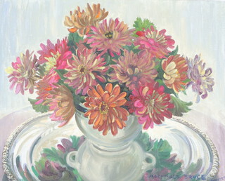 Macdonald Bruce, oil on canvas signed, still life study of a vase of flowers on a silver plated salver 40cm x 50cm 