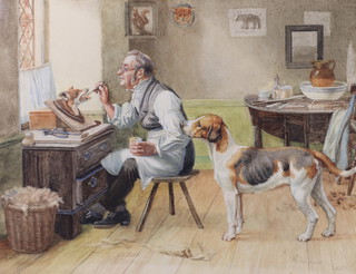 Edmund Caldwell (1852-1930), watercolour signed and dated 1889, amusing study of a taxidermist and his dog 23cm x 30cm 