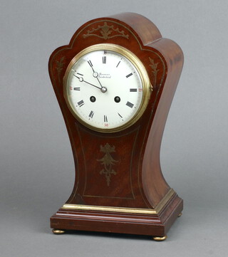 J Marti, 19th Century French 8 day striking mantel clock, the 11cm dial with Roman numerals marked Renison Sunderland, contained in an inlaid brass balloon shaped case on bun feet 33cm h x 17cm w x 13cm d, complete with pendulum (no key) 