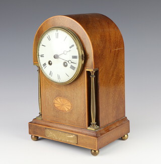 R and Co Paris, a 19th Century 8 day striking mantel clock with 10cm enamelled dial, Roman numerals, contained in an arch shaped inlaid mahogany case, the back plate marked R and Co Made in Paris, complete with pendulum (no key) 28cm x 17cm x 12cm  