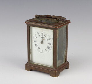 A French 8 day carriage timepiece with 6cm enamelled dial and Roman numeral contained in a gilt case 11cm x 8cm x 6cm 