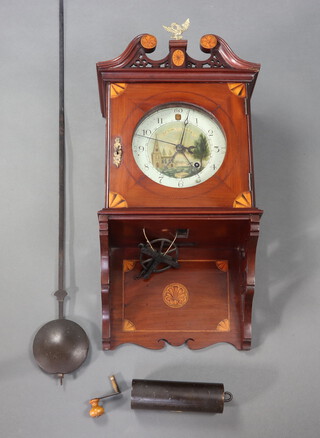 An 18th/19th Century wall clock, the 19cm circular painted dial with Roman numerals and churchyard scene, marked Jon Mary Dixon with second hand, contained in an inlaid mahogany case, complete with pendulum, weight and key 56cm x 33cm x 20cm 
