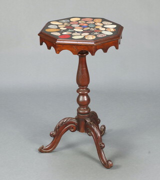 A Victorian style octagonal marble specimen table, raised on turned mahogany pillar and tripod base 69cm h x 44cm w x 41cm d  