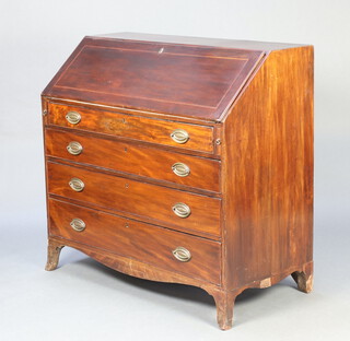 A Georgian inlaid mahogany bureau, the fall front revealing a well fitted interior above 4 drawers with replacement oval plate drop handles 107cm h x 114cm w x 55cm d 