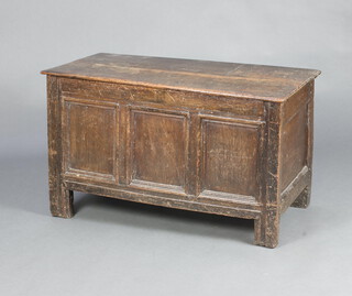An 18th Century oak coffer of panelled construction with hinged lid and original iron handles 60cm h x 100cm w x 49cm d 