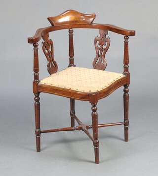 An Edwardian inlaid mahogany slat back corner chair with upholstered seat, raised on turned supports 74cm h x 60cm w x 42cm d (seat 23cm x 25cm)