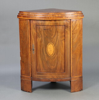 A 19th Century inlaid mahogany bow front corner cabinet with stepped top, the base enclosed by a panelled door, raised on bracket feet 113cm h x 91cm w x 62cm d 