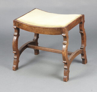 A 17th Century style rectangular oak dressing table stool on outswept supports with H framed stretcher 46cm x 48cm x 36cm 