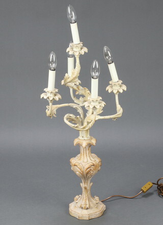 A limed wood and wrought metal Rococo style 5 light table lamp raised on a shaped base 91cm x 16cm 