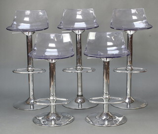 A set of 5 chrome and clear plastic adjustable stools 97cm h x 38cm w 