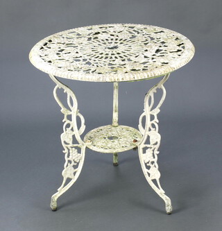 A Victorian style white painted circular aluminium 2 tier garden table on cabriole supports 67cm h x 66cm diam. 