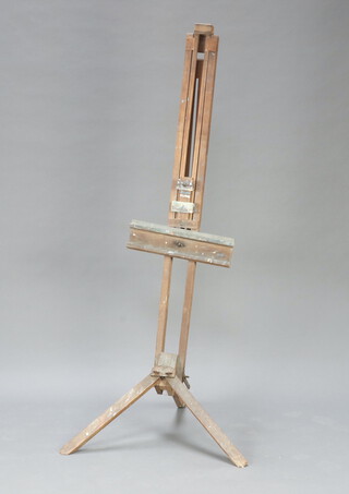 An artists unmarked 19th/20th Century beech framed adjustable easel 176cm h x 76cm w x 84cm d (signs of old but treated worm)   