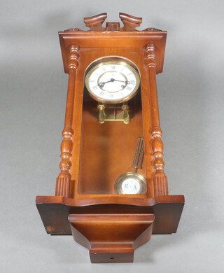 A JMS striking regulator style wall clock with 13cm dial, contained in a mahogany case complete with pendulum and key 70cm h x 30cm w x 17cm d 