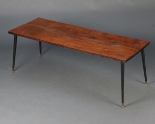 A 1960's rectangular elm coffee table, raised on turned ebonised supports 41cm h x 118cm w x 43cm d 