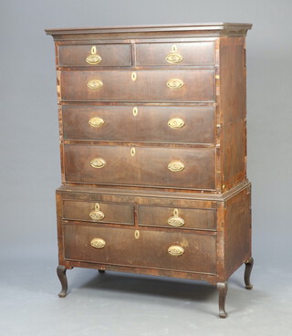 An 18th/19th Century mahogany chest on stand, the upper section with moulded cornice, fitted 2 short and 3 long drawers, the base fitted 2 short and 1 long drawers, raised on cabriole supports 162cm h x 107cm w x 55cm d (replacement handles, veneers missing in places, sun bleached) 