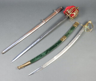 A reproduction Scottish basket hilt sword with 84cm blade together with a ditto Indian sabre with 82cm blade 