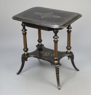 A Victorian gilt and ebonised D shaped 2 tier occasional table fitted a frieze drawer, raised on turned and fluted columns with outswept supports 75cm h x 69cm x 55cm  