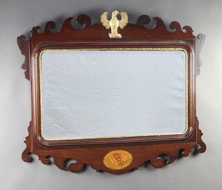 A 19th Century Chippendale style D shaped bevelled plate wall mirror contained in an inlaid mahogany frame surmounted by a phoenix 80cm x 94cm 