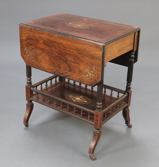 A Victorian inlaid rosewood 2 tier tea trolley fitted a drawer, the base with bobbin turned decoration 71cm h x 61cm w x 41cm 