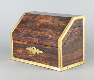A Victorian coromandel and brass banded wedge shaped stationery box with fitted interior 17cm h x 25cm w x 15cm d 