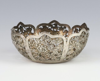 A Chinese pierced silver bowl decorated with chrysanthemum marked Wing Nam, Hong Kong (retailer) and made by Shang, Canton, 12cm d, 98 grams 