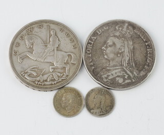 A Victorian 1890 crown, a George V 1935 crown, a Victorian 1892 Maundy threepence, a George VI 1937 threepence