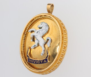 A Masonic yellow metal stamped 18ct and enamelled oval jewel decorated the County of Kent arms, gross weight 10 grams 