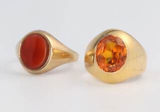 A gentleman's yellow metal citrine set ring 11.5 grams, a 9ct yellow gold hardstone ditto 4.99 grams gross  