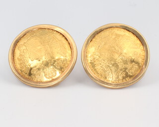 A pair of Austrian gold coins mounted as cufflinks, the T bar marked 585, 13.30 grams 
