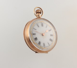 A Continental open faced fob watch with enamelled dial, Roman numerals contained in a 9ct engraved gold case, with original fitted case 