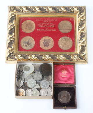 An Edward VII Borough of Woolwich Coronation medallion by Elkington cased, a framed set of 1971 Royal Albert Hall Centenary coins framed and a small collection of minor coinage