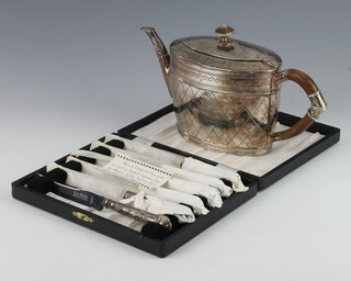 A 19th Century oval engraved silver plated teapot with hardwood handle and finial together with a cased set of 6 butter knives with silver handles Sheffield 1979 