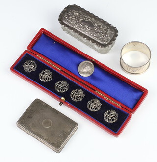 A set of 6 Edwardian pierced silver buttons Chester 1901,  a napkin ring, box lid and mounted box together with a George V & Queen Mary coin brooch,  78 grams 