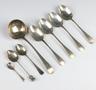 A George III style silver ladle, 7 spoons, 176 grams 