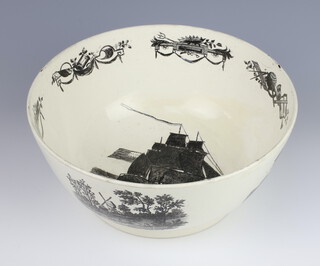 A 19th Century creamware bowl decorated with a galleon and motifs, the exterior with panels of figures and landscapes 26cm 