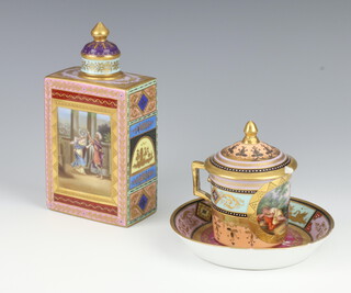 A 19th Century Austrian porcelain tea caddy decorated with panels of Helena and Phaedra 17cm together with a ditto cabinet cup, saucer and cover decorated with a classical couple 