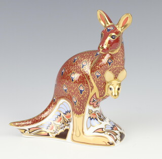 A Royal Crown Derby Imari pattern paperweight in the form of a kangaroo with joey, gold stopper 15cm, boxed