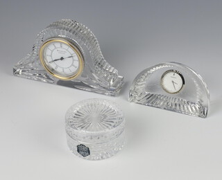 A Waterford Crystal timepiece 10cm, a Stuart Crystal box and a glass timepiece 