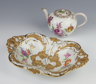 A 19th Century Meissen teapot decorated with flowers 12cm together with a ditto rectangular dish decorated with flowers 33cm  