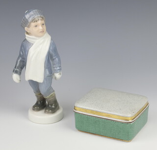 A Copenhagen figure of a boy 20cm, a Royal Copenhagen rectangular box and cover with crackle glaze decoration 10cm 