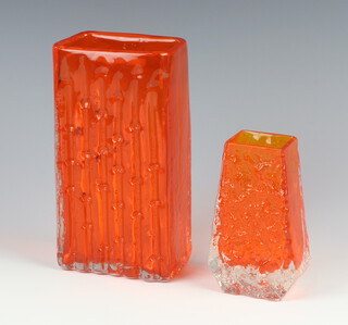 Geoffrey Baxter for Whitefriars, a tangerine coloured Bamboo vase, pattern no.9668 20cm h x 10cm  and a tangerine coffin vase, pattern no. 9686, 13cm h x 8cm (chipped) 