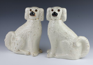 A pair of 19th Century white glazed Staffordshire pottery figures of Spaniels with glass eyes 31cm 
