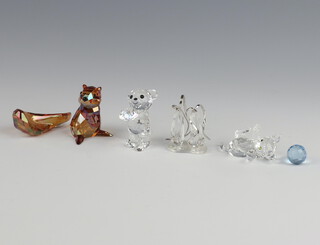 A Swarovski Crystal figure "Ballet Shoes" 3cm, ditto squirrel 4cm (f), teddy bear 4cm, together with a kitten with small ball 4cm, all boxed  