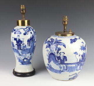 A Chinese blue and white ginger jar with 6 character mark to the base 26cm x 23cm (minor chips to the base), converted to a table lamp, together with a Chinese baluster shaped blue and white vase decorated figures 30cm (some crackling)  