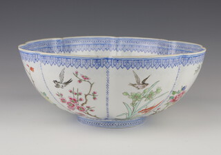 A 20th Century Chinese eggshell fluted bowl decorated with birds amongst flowers 26cm, boxed 