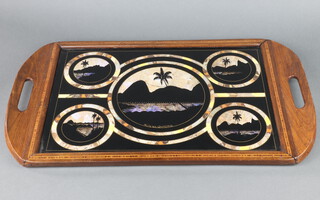 A 1930's inlaid mahogany twin handled tea tray, the centre with butterfly wing decoration of Rio de Janeiro 64cm x 38cm 